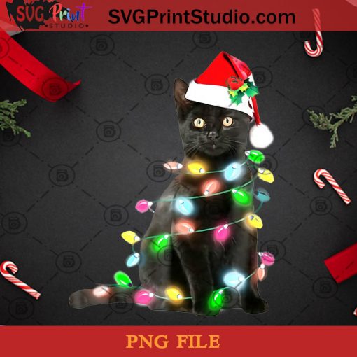 Black Cat Christmas Light Tshirt Funny Cat Lover Christmas PNG, Christmas PNG, Noel PNG, Cat PNG, Black Cat PNG, Santa Hat PNG, Decorative String Lights PNG Digital Download