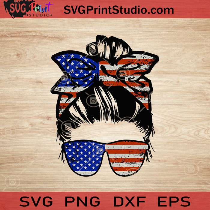 Messy Bun American Flag Woman Download PNG Eyelashes American Woman Digital Design American Pride Sublimation Design