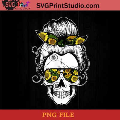 Messy Bun Skull Shirts For Women Sunflower Bandana Halloween PNG, Skull ...