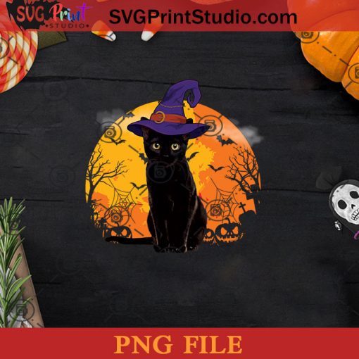 Vintage Scary Halloween Black Cat Costume Witch Hat And Moon PNG, Witch PNG, Happy Halloween PNG Instant Download
