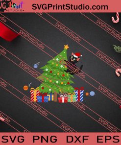 Santa Black Cat Christmas Tree SVG PNG EPS DXF Silhouette Cut Files