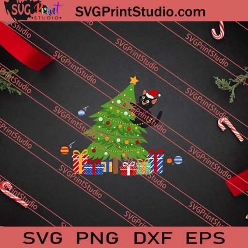 Santa Black Cat Christmas Tree SVG PNG EPS DXF Silhouette Cut Files