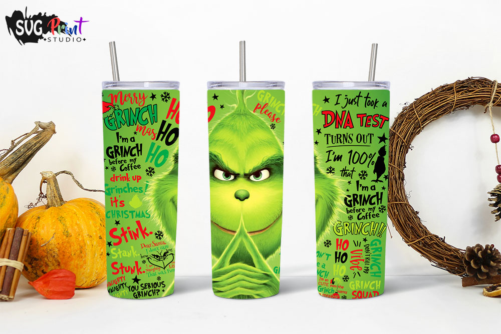 20 oz sublimation/waterslide skinny and taper tumbler wrap-resting grinch  face - So Fontsy