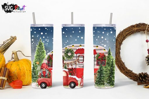 Merry Christmas Camper Skinny Tumblers, 20oz Skinny Straight, Template for Sublimation, Full Tumbler Wrap, PNG Digital Download