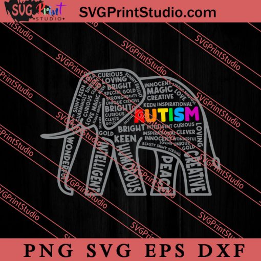 Autism Awareness Elephant Typography SVG, Autism Awareness SVG, Puzzle SVG PNG EPS DXF Silhouette Cut Files