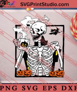 Skeleton Drinking Coffee SVG Digital File, Skeleton Pumpkin Halloween SVG, Hot Coffee Skeleton SVG
