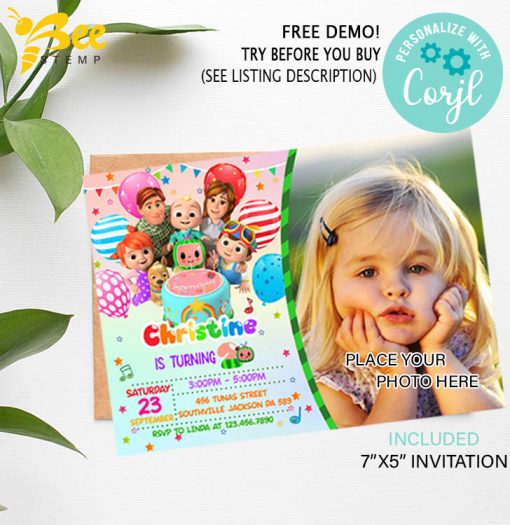 Digital Cocomelon Birthday invitation | Cocomelon invites Invitation Personalized Thank You Card Printable Instant Download Digital Editable Template Corjl Digital Printed