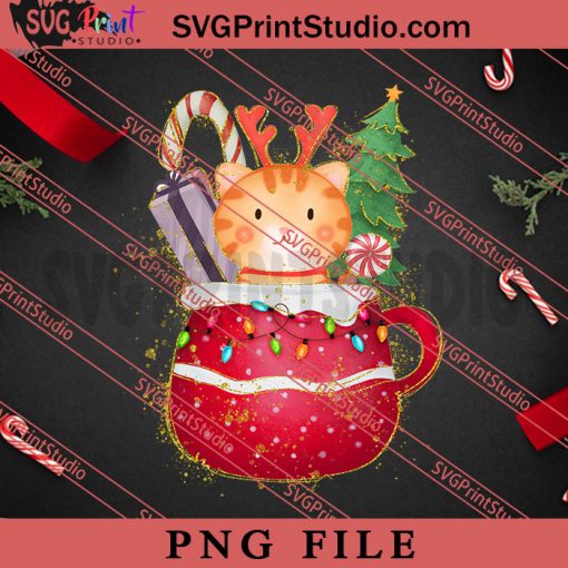 Christmas Cute Cat In The Coffee Cup PNG, Merry Christmas PNG, Animals PNG Digital Download