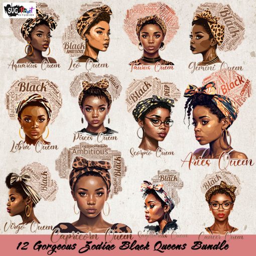 12 Gorgeous Zodiac Black Queens Bundle 12 design, Black Queens PNG, Women PNG